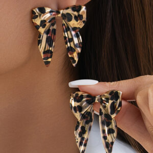 Gold Leopard Print Bow Knot Shape Plated Alloy Earrings