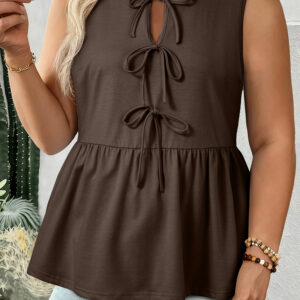 Coffee Plus Size Solid Color Bow Tie Peplum Tank Top