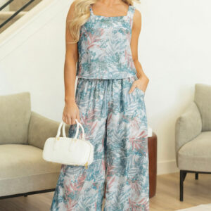 Green Tropical Palm Printed Cropped Tank Drawstring Wide Leg Pant Set