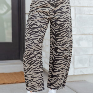 Gray Zebra Stripe Printed Wide Leg Barrel Jeans