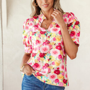 Pink Floral Frilled V Neck Puff Short Sleeve Blouse