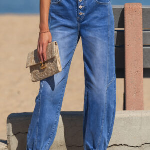 Blue 4 Buttons Front Tapered Casual Loose Fit Jeans