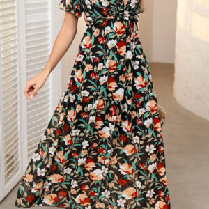 Black Fiery Floral Print Frilled V Neck Short Sleeve Maxi Dress