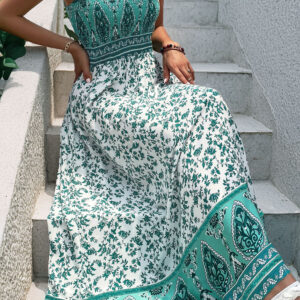Green Boho Floral Print Shirred Cami Maxi Dress