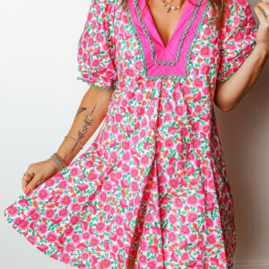 Pink Floral Print V Neck Patchwork Short Bubble Sleeve Mini Dress