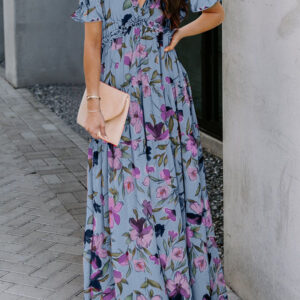 Sky Blue Fiery Floral Print Frilled V Neck Short Sleeve Maxi Dress