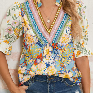 Multicolour Crochet V Neck Half Sleeve Boho Floral Blouse