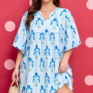 Sky Blue Floral Striped Bubble Short Sleeve Plus Size Dress