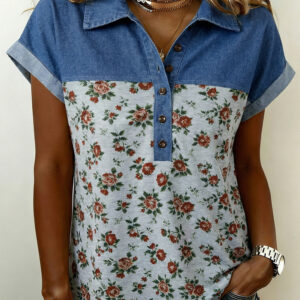 Gray Retro Floral Print Denim Patchwork Buttoned Polo Collar Top