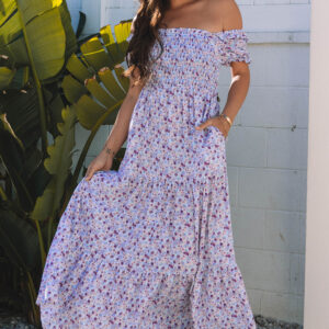 Purple Floral Short Bubble Sleeve Shirred High Waist Maxi Dress