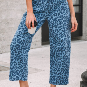 Sky Blue Leopard Print Straight Loose Jeans