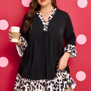 Black Plus Size Leopard Patchwork V Neck 3/4 Sleeve Ruffle Hem Mini Dress