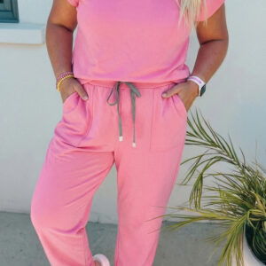 Bonbon Solid V-Neck Tee and Drawstring Plus Size Pants Set