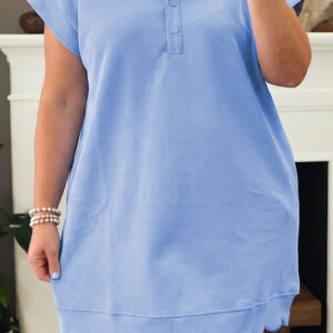 Beau Blue Plus Size Solid Scalloped Hem Button Neck Pullover Mini Dress