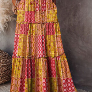 Orange Tiered Paisley Print Pocketed Maxi Skirt