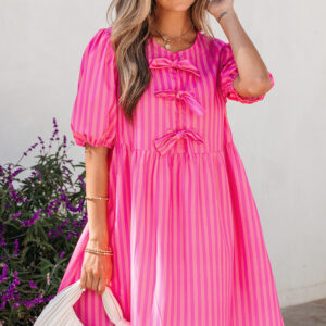 Rose Striped Print Bow Detail Short Puff Sleeve Mini Dress