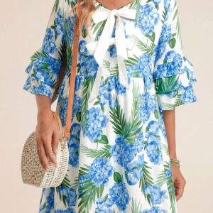 Sky Blue Palm Floral Print Contrast Ribbon Knot Ruffle Tiered Sleeve Mini Dress