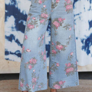 Sky Blue Garden Floral Print Bootcut Jeans