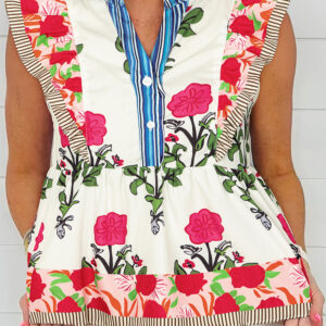 Pink Floral Print Tie Neck Striped Detail Flutter Sleeve Blouse