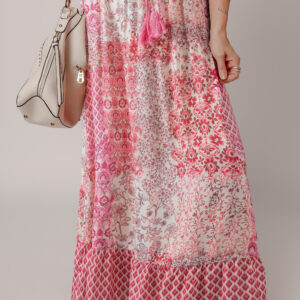 Red Boho Pattern Print Tassel Drawstring Elastic Waistband Maxi Skirt
