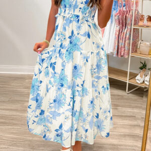 Sky Blue Ruffled Straps Smocked High Waist Floral Maxi Dress