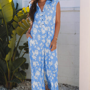 Myosotis Floral Print Half Button Wide Leg Relaxed Sleeveless Jumpsuit