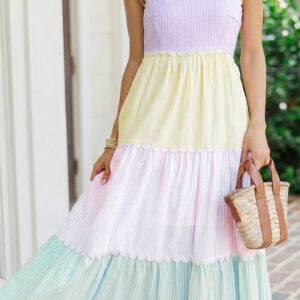 Multicolour Striped Colorblock Adjustable Strap Scalloped Detail Long Dress