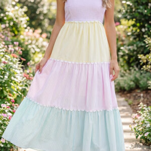 Multicolour Striped Colorblock Adjustable Strap Scalloped Detail Long Dress