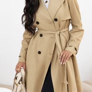Pale Khaki Solid Color Lapel Collar Waist Tie Wind Coat