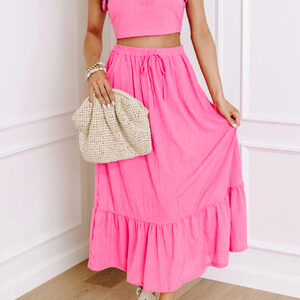 Bonbon Textured Ruffle Trim Crop Vest Lace-up Long Skirt Set