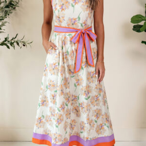 White Floral Print Color Block Trim Belted Sleeveless Maxi Dress