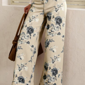 Beige Retro Floral Print Turn-up Cuffed Hem Loose Jeans