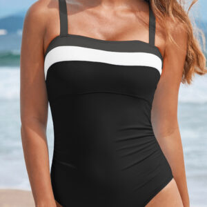 Black Color Block Detail Adjustable Straps One Piece Swimsuit