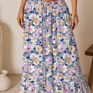 Pink Floral Print Lace-up High Waist Ruffle Hem Maxi Skirt