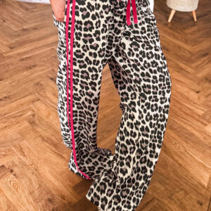 Rose Contrast Detail Tie Waist Leopard Print Casual Pants