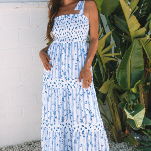Sky Blue Floral Smocked Tied Straps A-Lined Tiered Maxi Dress