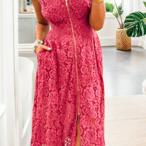 Coral Floral Lace Overlay Zip Up V Neck Smocked Waist Sleeveless Dress