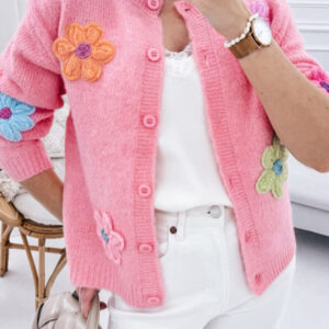 Cardigan rosa carino in maglia floreale con bottoni