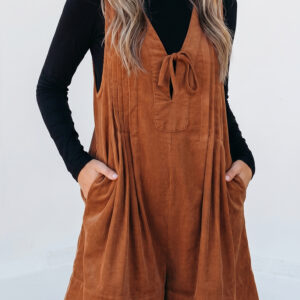 Cinnamon Solid Color Tie V Neck Sleeveless Corduroy Romper