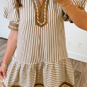 Brown Stripe Shirt Collar Color Block Patchwork Trim Ruffle Hem Short Dress