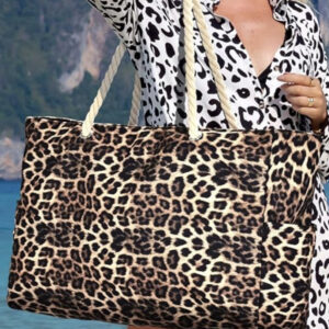 Coffee Leopard Print Rope Straps Large Travel Shopping Bag