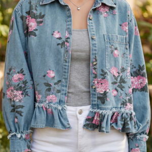 Sky Blue Floral Print Raw Seam Ruffle Hem Denim Jacket