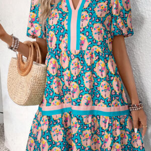 Green Leopard Floral Short Dress
