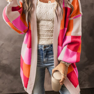 Red Light Checkered Drop Shoulder Exposed Seam Open Front Cardigan