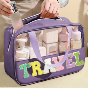 Purple TRAVEL Chenille Letter Clear PVC Makeup Bag