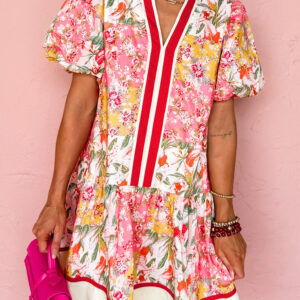 Pink Color Block Floral Print Contrast Trim V Neck Ruffle Hem Mini Dress
