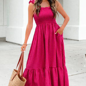 Red Plaid Square Neck Fit-and-flared Vacation Sundress