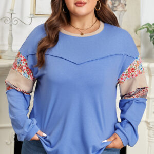 Blue Exposed Seam Floral Mixed Patchwork Relaxed Plus Size Sweatshirt