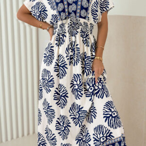 Blue Boho Floral Print Contrast Patchwork V Neck Dolman Maxi Dress