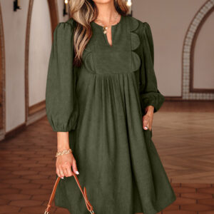Moss Green Bracelet Sleeve Split Neck Scallop Detail Pleated Corduroy Mini Dress